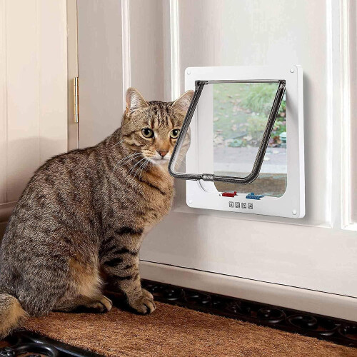 (White, M) Cat Door Small Pet Entry And Exit Security Gate On Doors And Windows 2