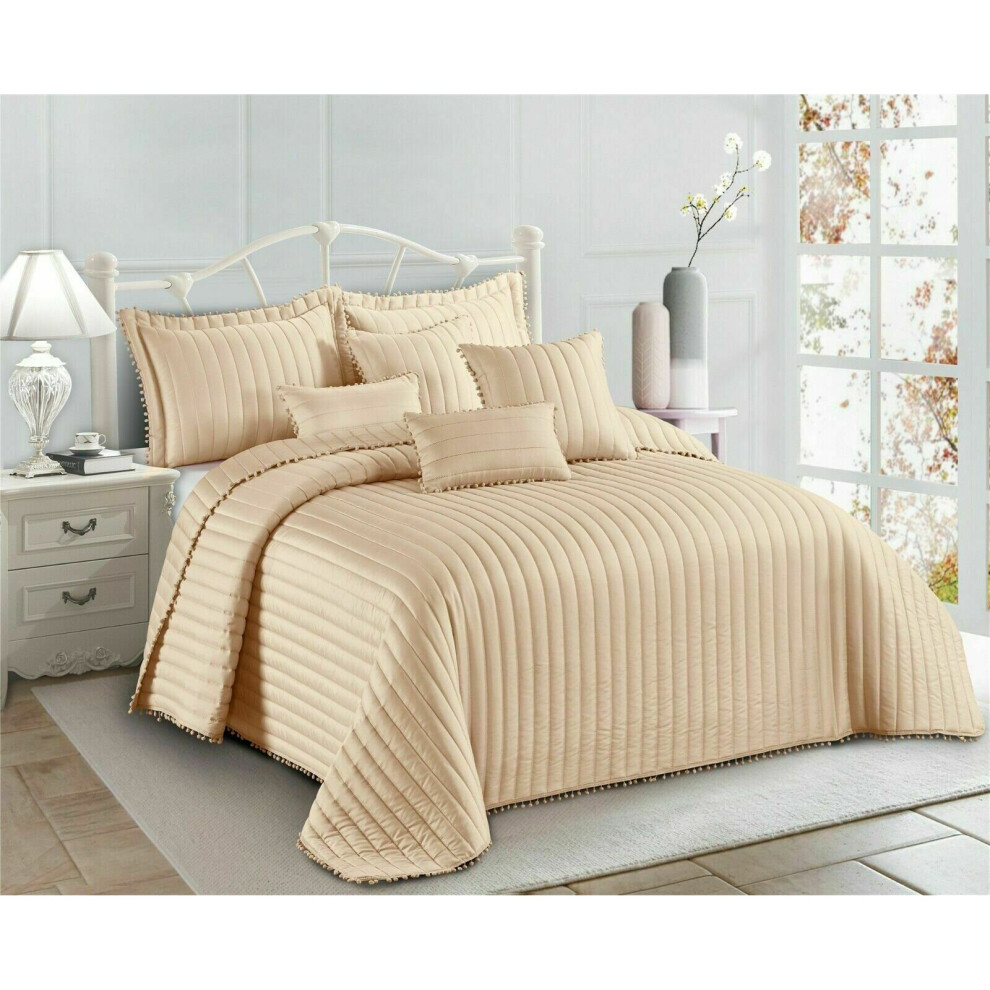 (Beige, King  ) Bedspread Quilted Bed Throw Pom Pom Bedding Pillow Shams Single Double King Size