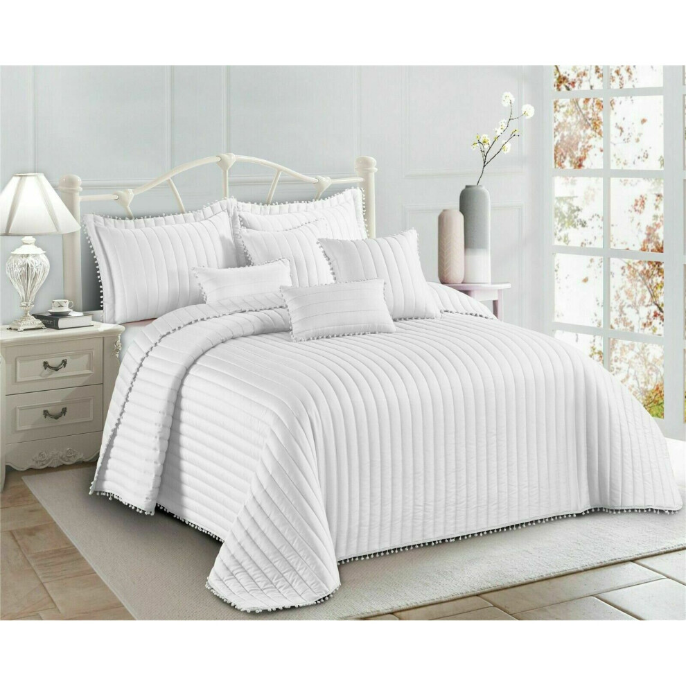 (White, King  ) Bedspread Quilted Bed Throw Pom Pom Bedding Pillow Shams Single Double King Size