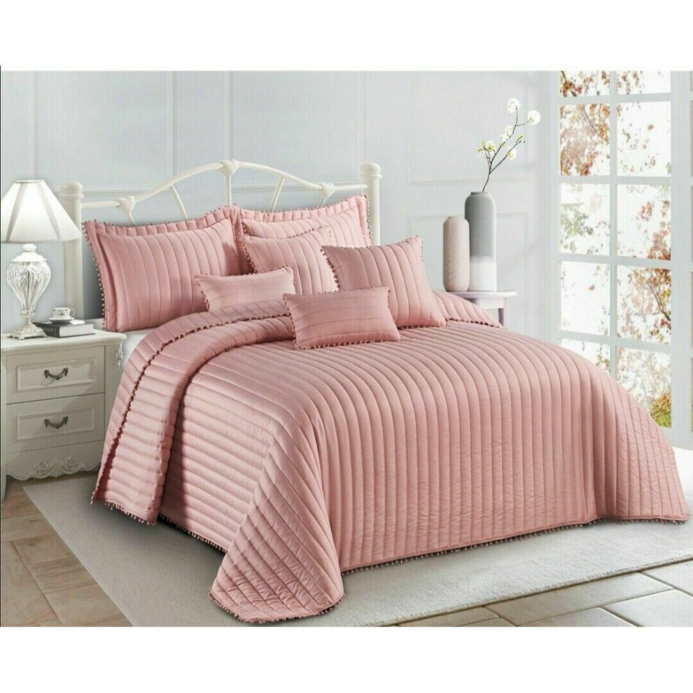 (Pink, King  ) Bedspread Quilted Bed Throw Pom Pom Bedding Pillow Shams Single Double King Size