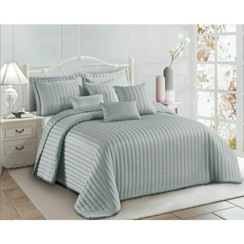 (Silver, Double) Bedspread Quilted Bed Throw Pom Pom Bedding Pillow Shams Single Double King Size