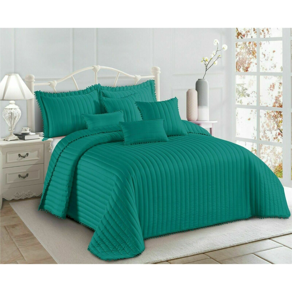 (Teal, King  ) Bedspread Quilted Bed Throw Pom Pom Bedding Pillow Shams Single Double King Size