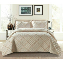 (Beige, Single) 3Pcs Raffle Bedspread Quilted Embossed Bed Throw and 2 pillow case in all Sizes