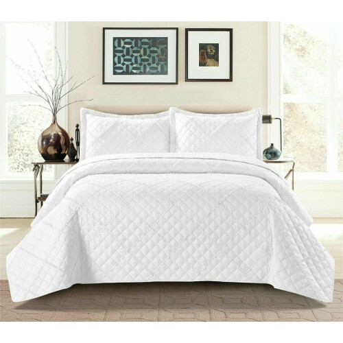 (White, Single) 3Pcs Raffle Bedspread Quilted Embossed Bed Throw and 2 pillow case in all Sizes