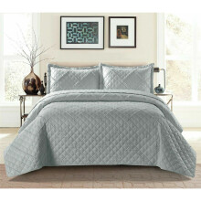 (Silver , Filled Cushion 17x17) 3Pcs Raffle Bedspread Quilted Embossed Bed Throw and 2 pillow case in all Sizes