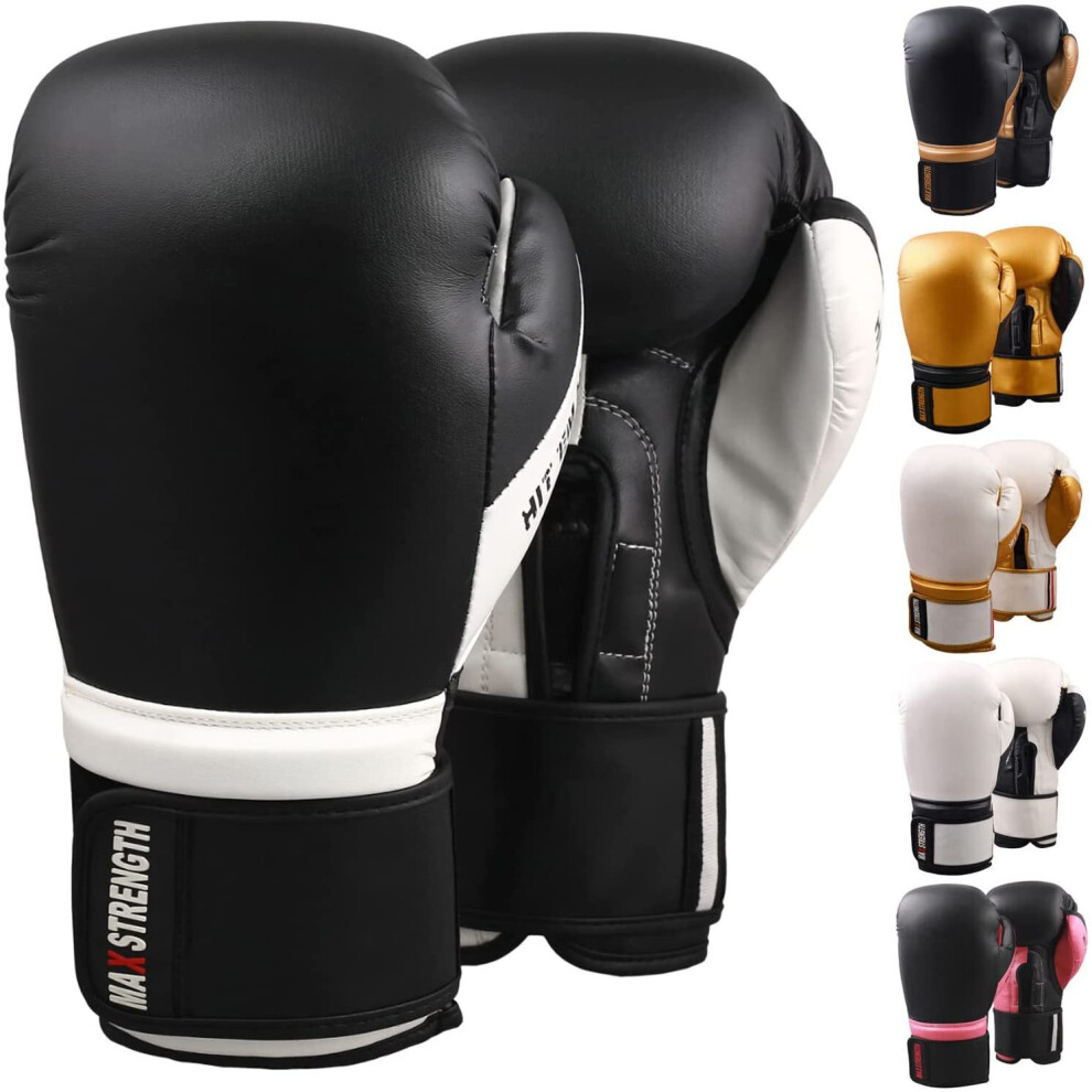 (Black/White, 12oz) MAXSTRENGTH Boxing Gloves Professional MMA Punch Bag Training