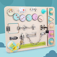 DYZI Wooden Montessori Busy Board for Toddlers Sensory Toy Activity Board Preschool Educational Learning Toy with Lacing Sorter Gears Zipper Lock