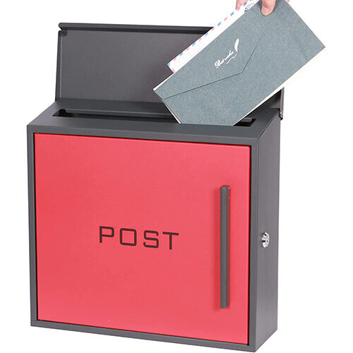 Steel Post Box Wall Mounted Red Door Top Slot Side Lock 2 Keys