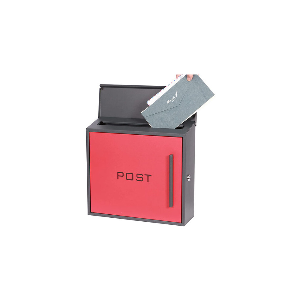 Steel Post Box Wall Mounted Red Door Top Slot Side Lock 2 Keys