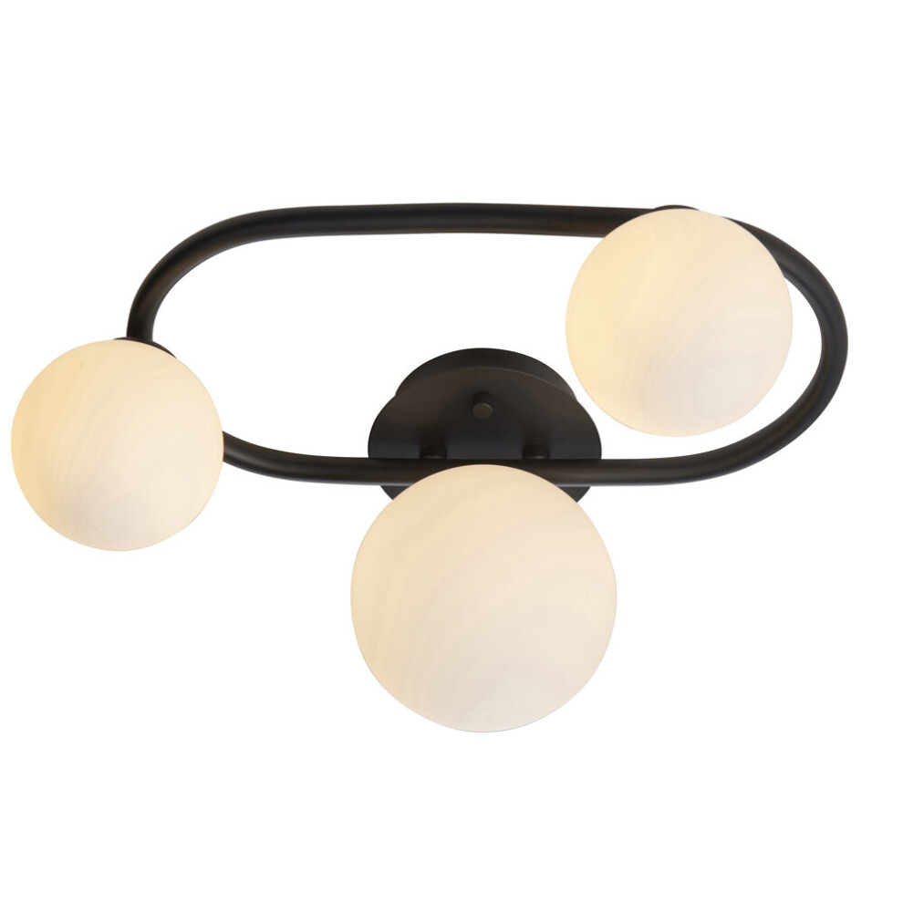 Loops Semi Flush Multi Arm Bathroom Ceiling Light - Matt Black & White Glass - Oval
