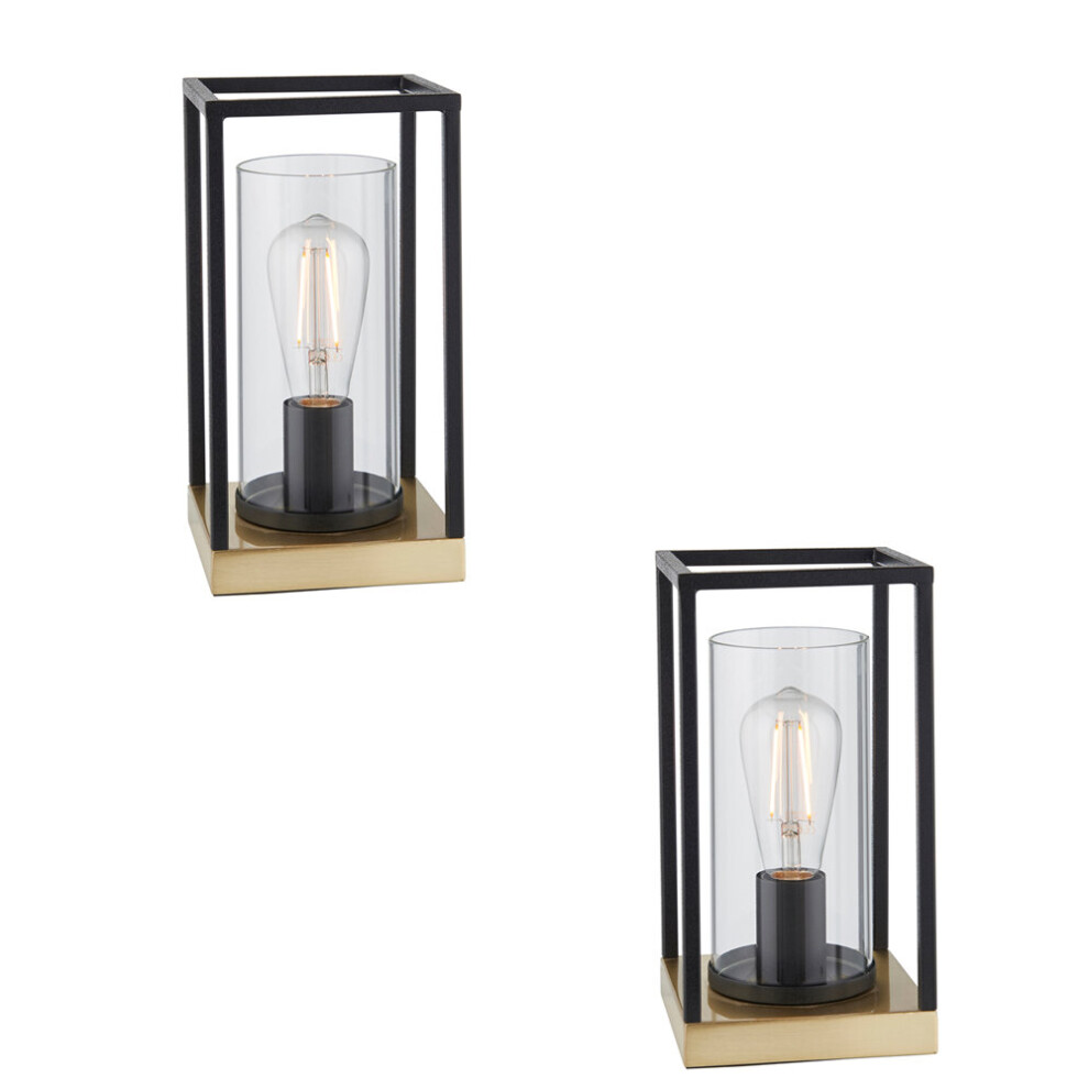 2 PACK Matt Black Framed Table Lamp Light & Glass Shade - Satin Brass Base