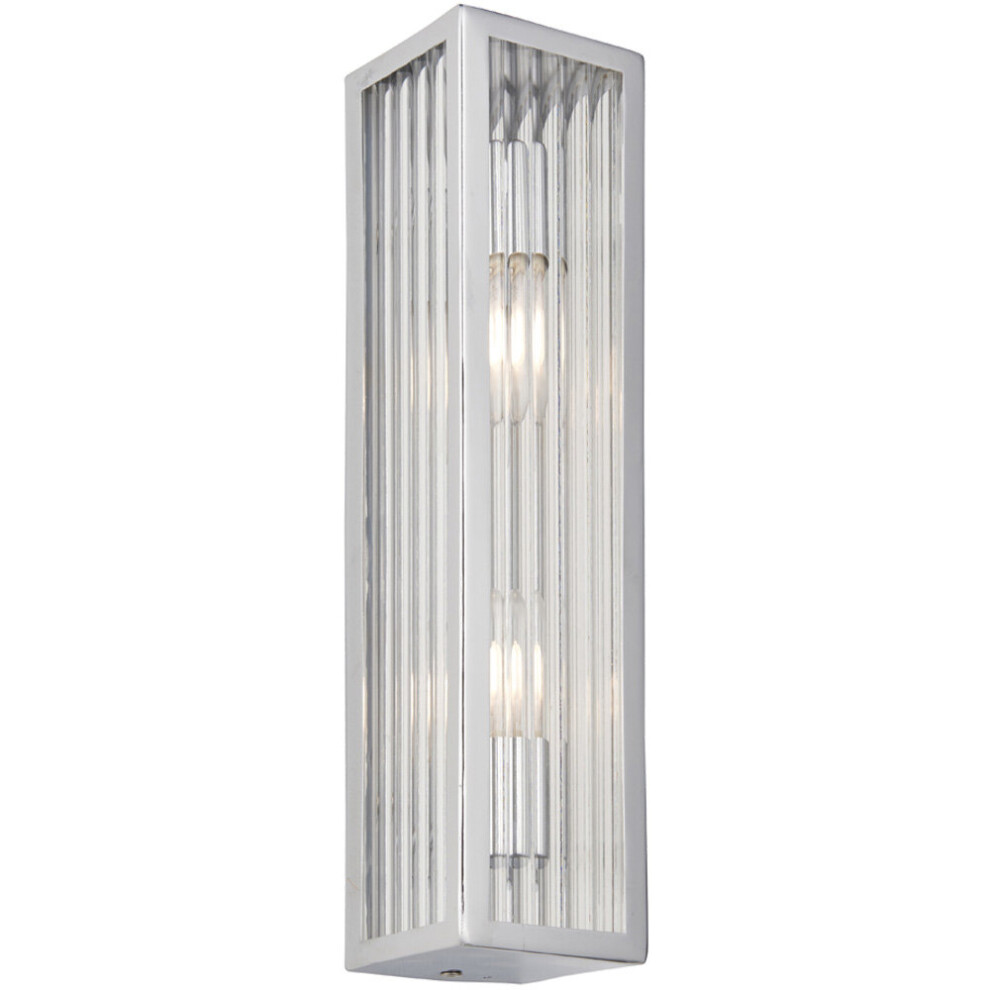 Loops Bathroom Wall Light Fitting - Chrome Plate & Ribbed Glass Shade - Twin Lamp
