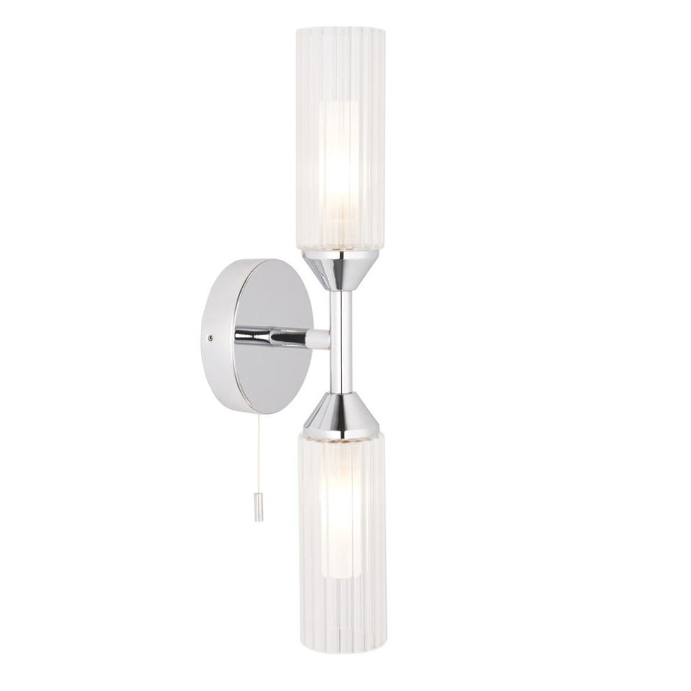 Chrome Plated Twin Bathroom Wall Light - Ribbed Glass Shade & Frosted Diffuser