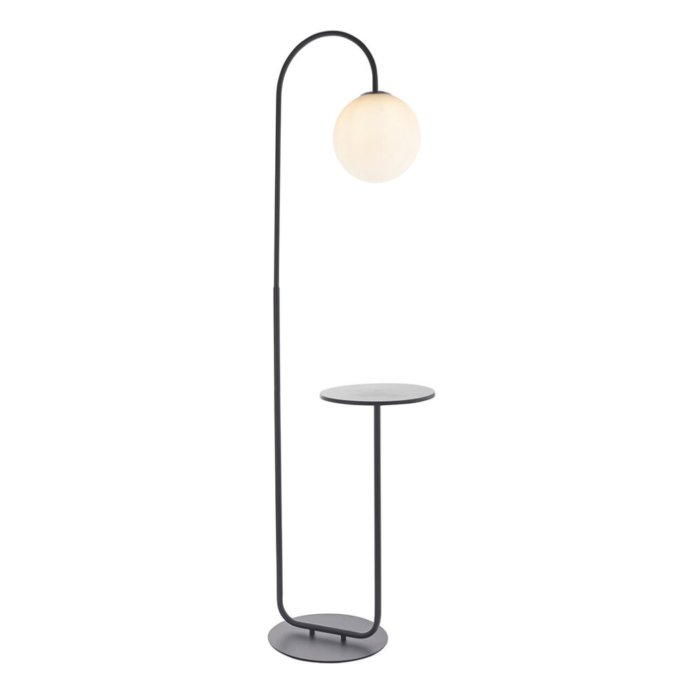 Satin Black Floor Lamp With Side Table - 1750mm Height - Opal Sphere Glass Shade