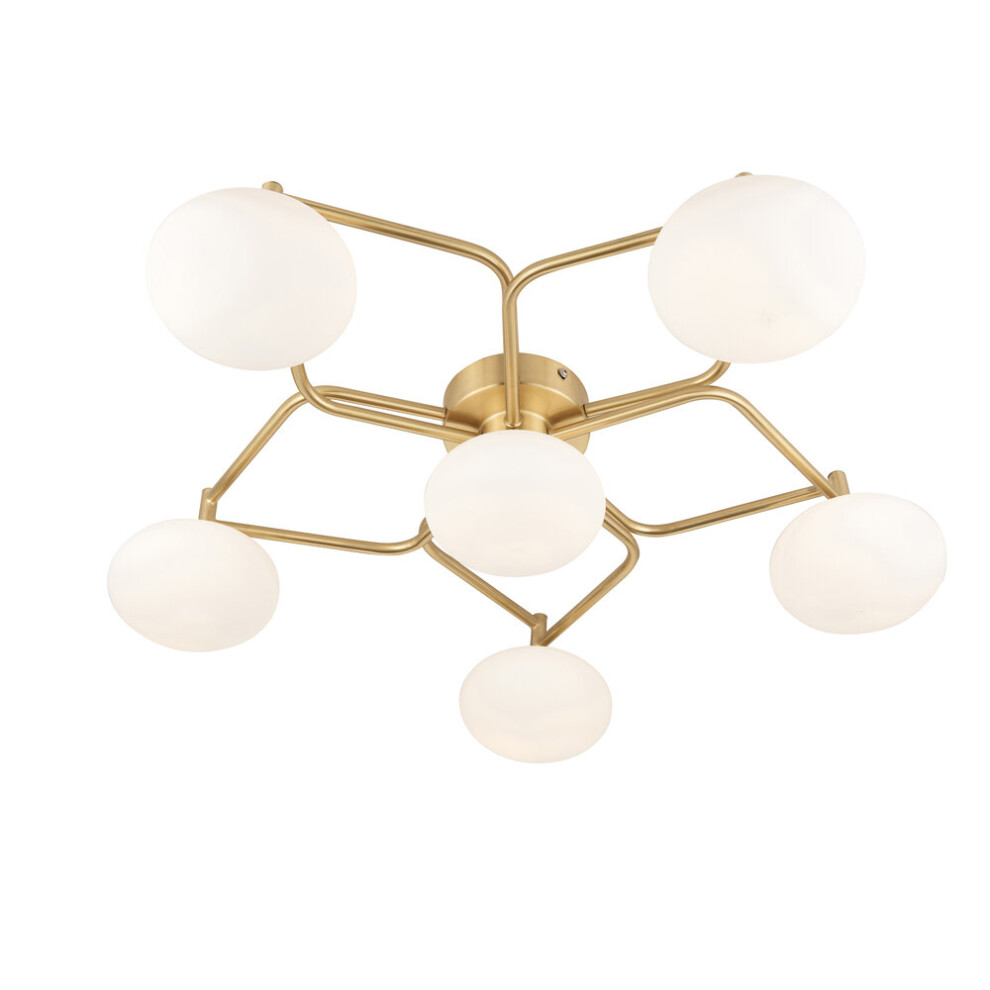 Satin Brass Geometric Flush Ceiling Light - Opal Glass Shades - 6 Bulb Fitting