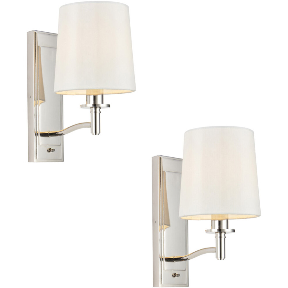 2 PACK Bright Nickel Indoor Wall Light Fitting & Vintage White Fabric Shade