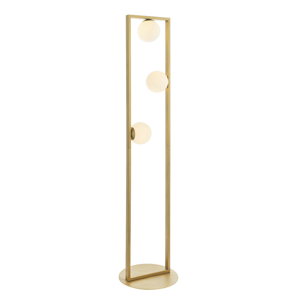 1410mm Brushed Gold Geometric 3 Light Floor Lamp & Glass Opal Sphere Shades