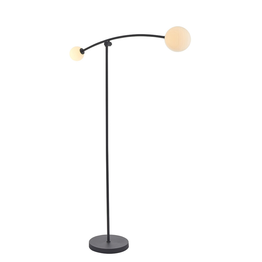 Matt Black Standing Twin Floor Lamp Light - Gloss Opal Glass Shades - Adjustable