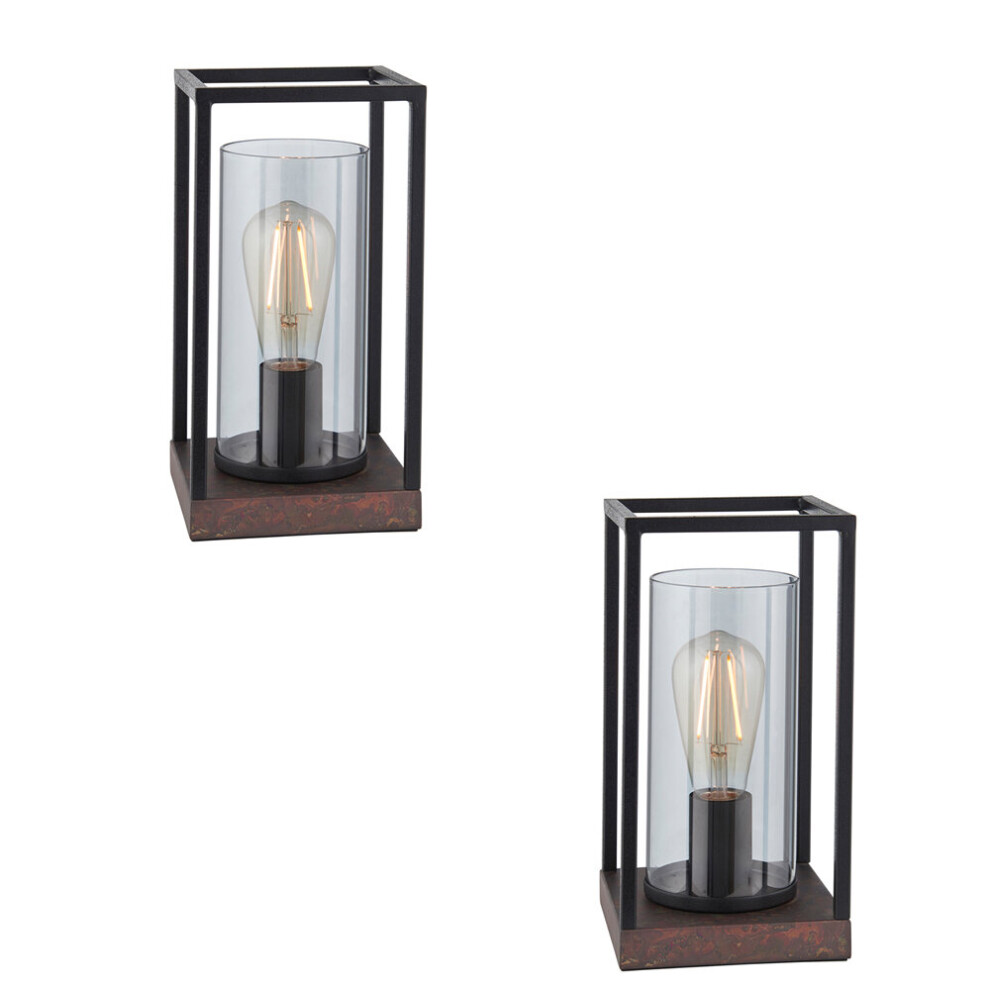 Loops 2 Pack Matt Framed Table Lamp & Glass Shade - Patina Base Black/Light/Bronze