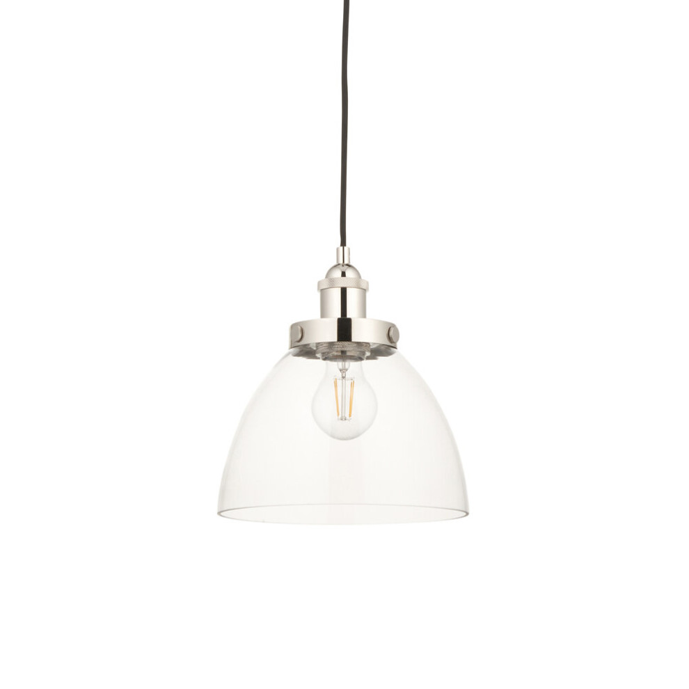 Bright Nickel Ceiling Pendant Light & Clear Glass Shade - Knurled Detailling