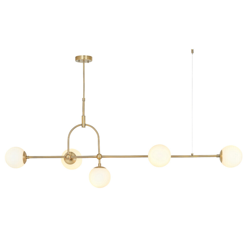 Loops Antique Brass Linear Ceiling Pendant Light - Opal Glass Shade - Adjustable Stem