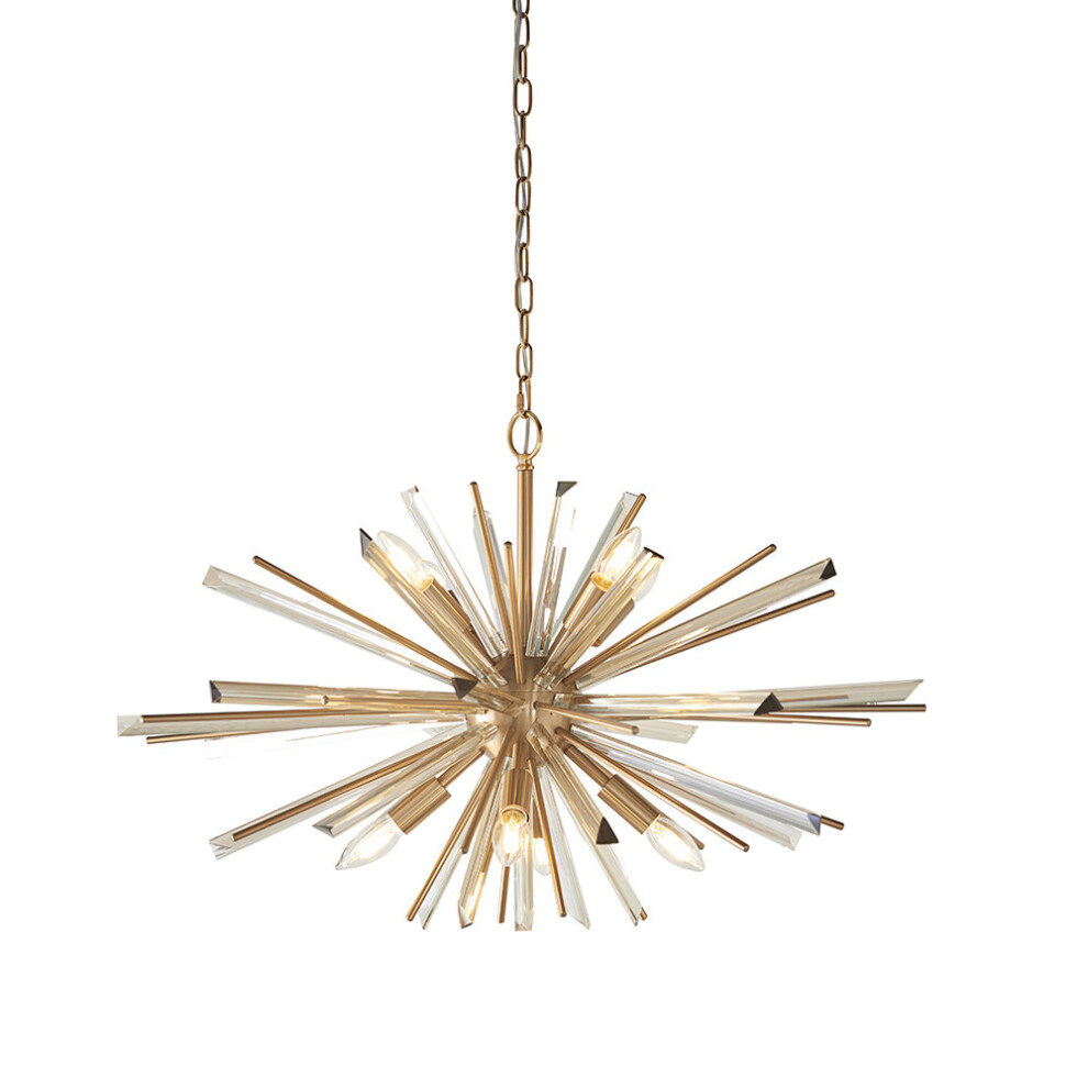 Loops Large Antique Brass Ceiling Pendant - 8 Bulb Hanging Fitting - Prism Glass Light