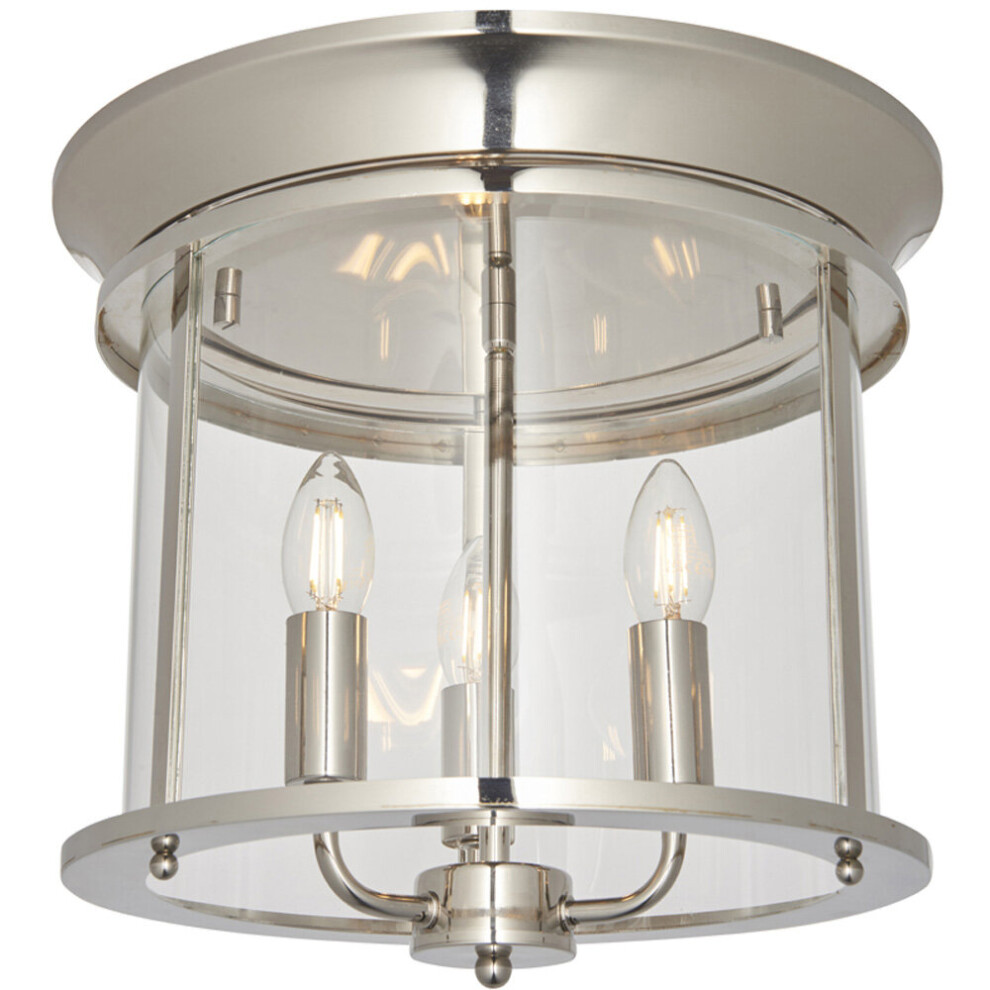 Loops Bright Nickel Semi Flush Low Ceiling & Clear Glass Shade 3 Bulb Fitting Light