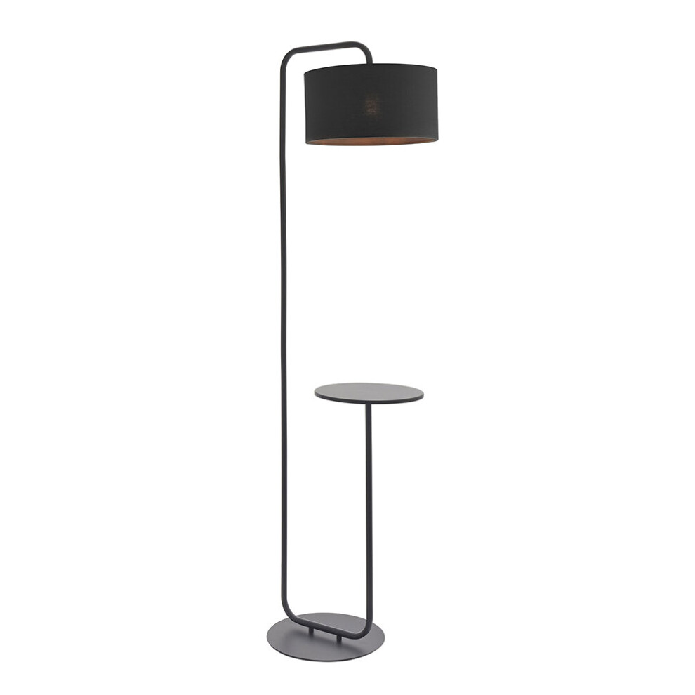 Satin Black Floor Lamp with Side Table - 1750mm Height - 38cm Black Fabric Shade