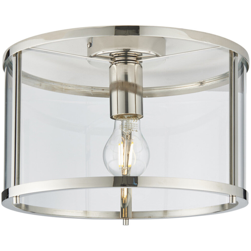 Bright Nickel Semi Flush Ceiling Light & Clear Glass Shade - Low Ceiling Fitting