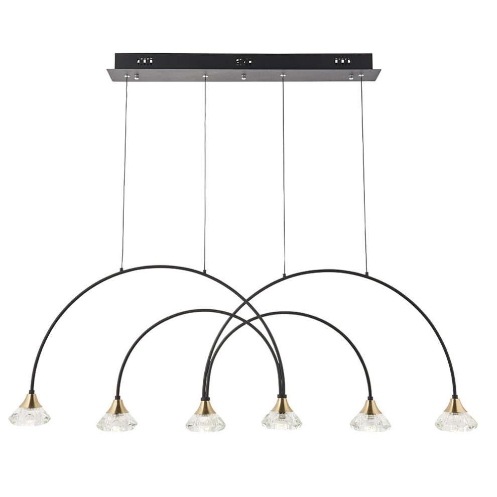 Matt Black Ceiling Pendant Bar Light - Brushed Brass Detailing - 6 Lamp Fitting