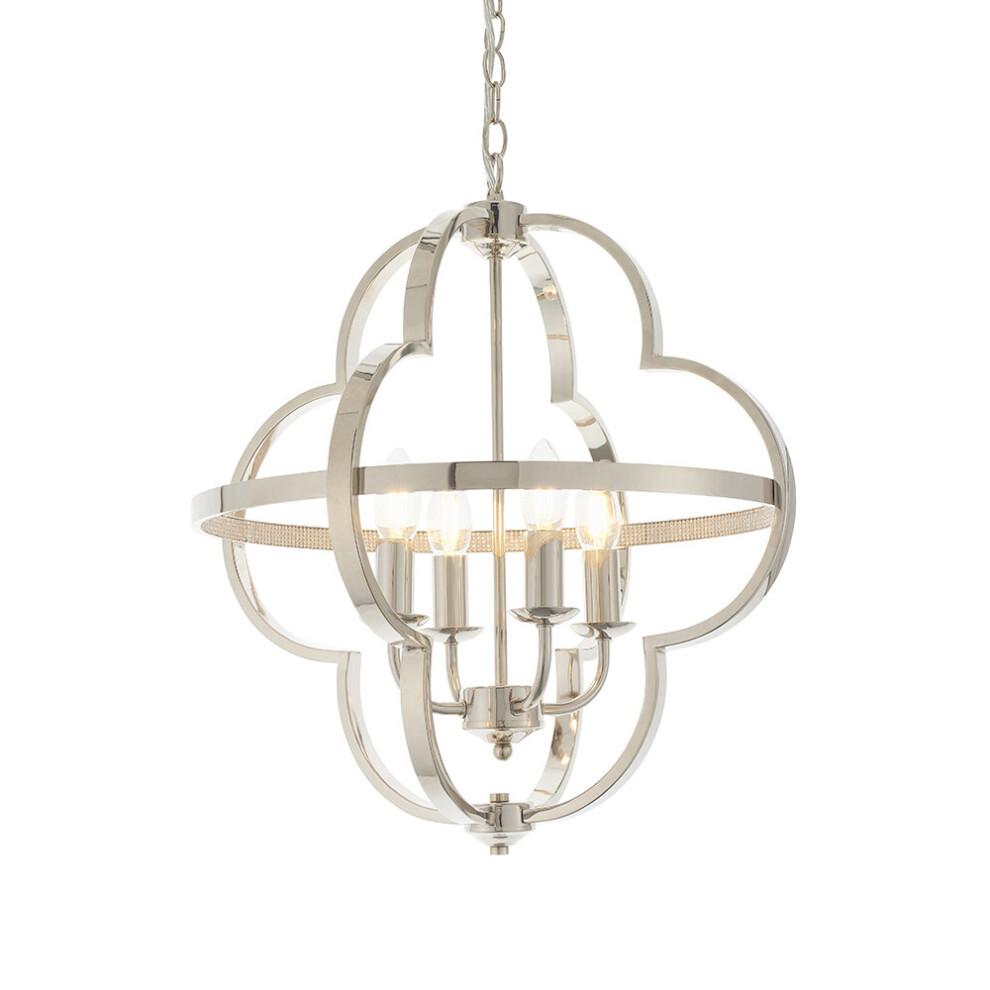 Bright Nickel Shaped Frame Ceiling Pendant Light - 4 Bulb Hanging Fitting