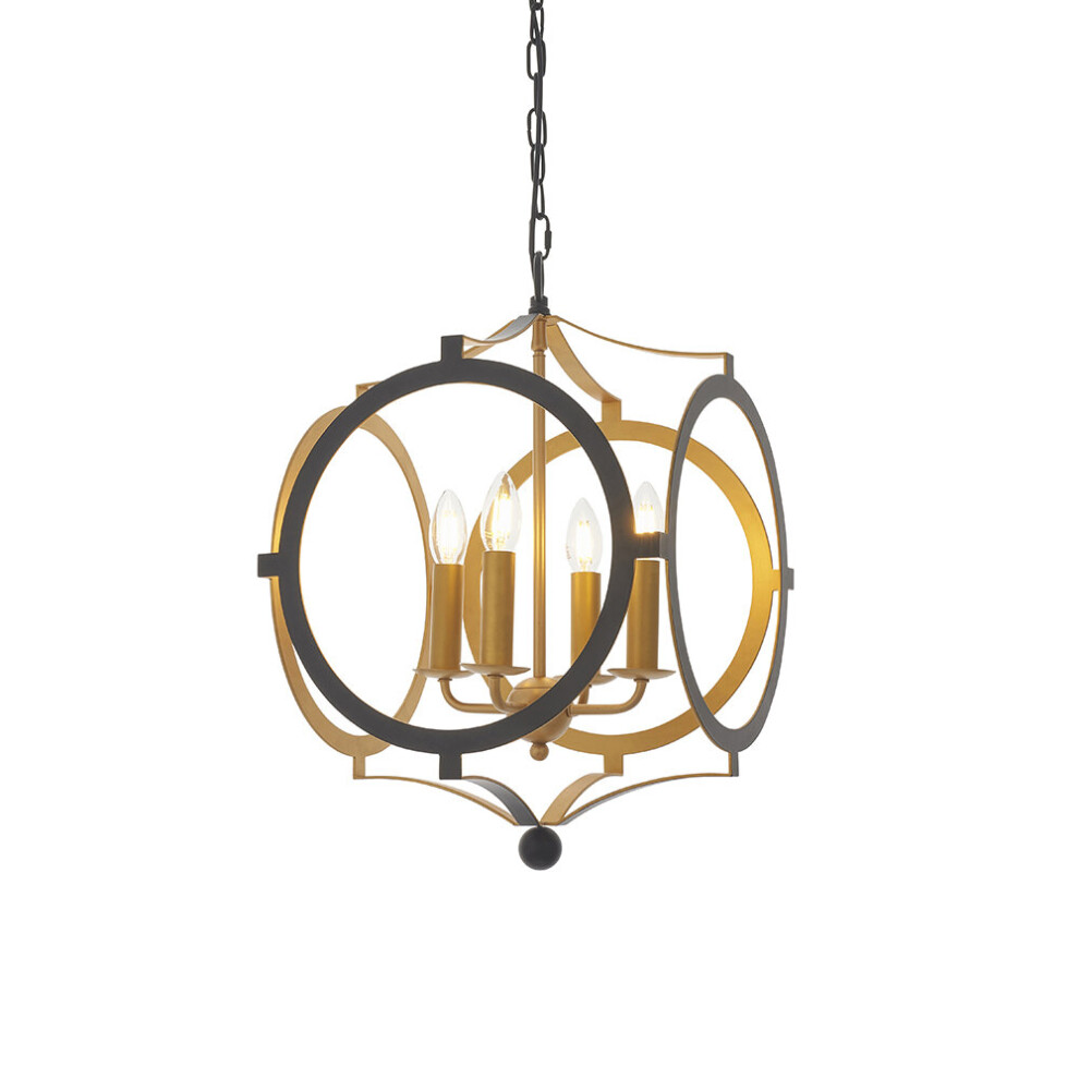 Matt Black & Gold Ceiling Pendant Light - 4 Bulb Hanging Circular Frame Fitting