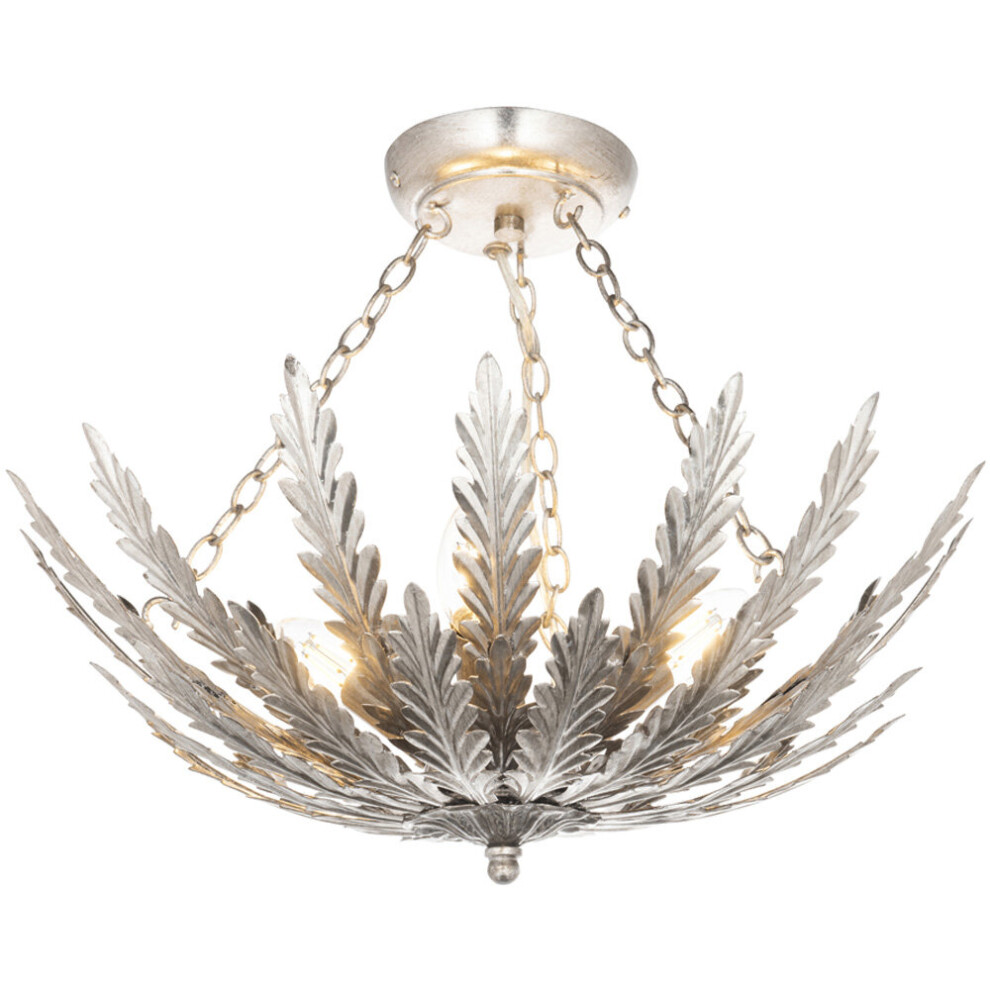 Ornate Silver Flush Ceiling Light Decorative Leaf Design Dimmable 3 Bulb Pendant