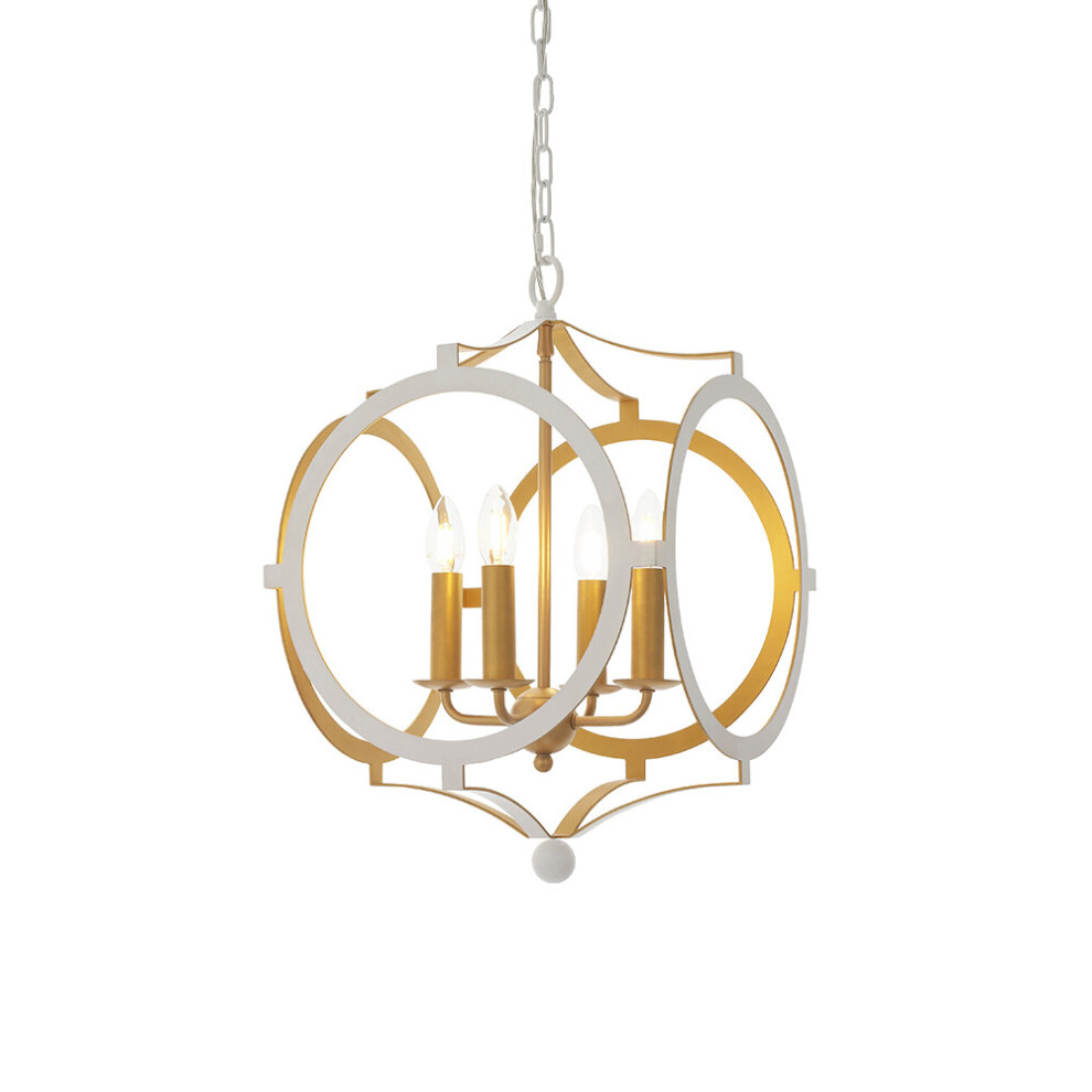 Matt White & Gold Ceiling Pendant Light - 4 Bulb Hanging Circular Frame Fitting