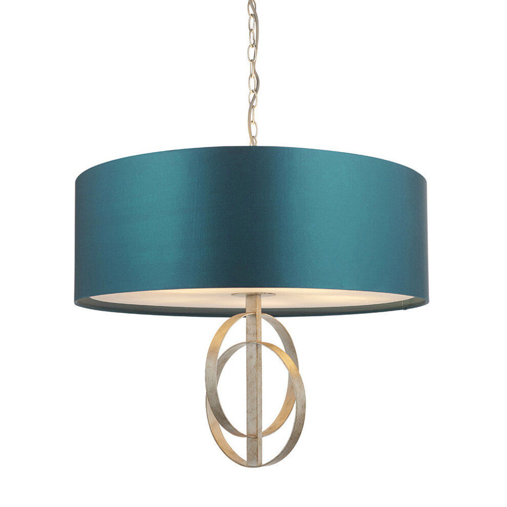 Loops Antique Ceiling Pendant & Teal Satin Shade - 5 Bulb Hanging Fitting Silver/Light