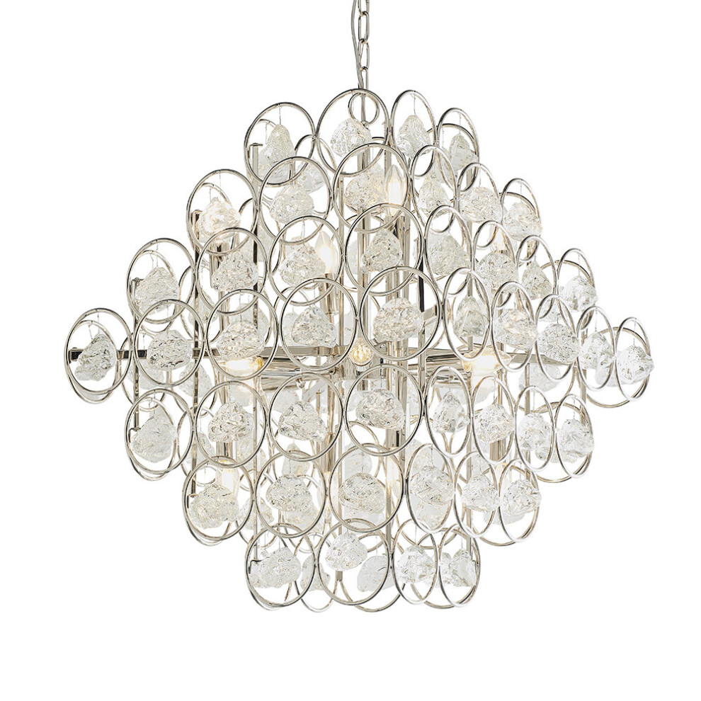 Polished Nickel Tiered Ceiling Pendant Light - Ornate Crystal Details - 14 Bulb