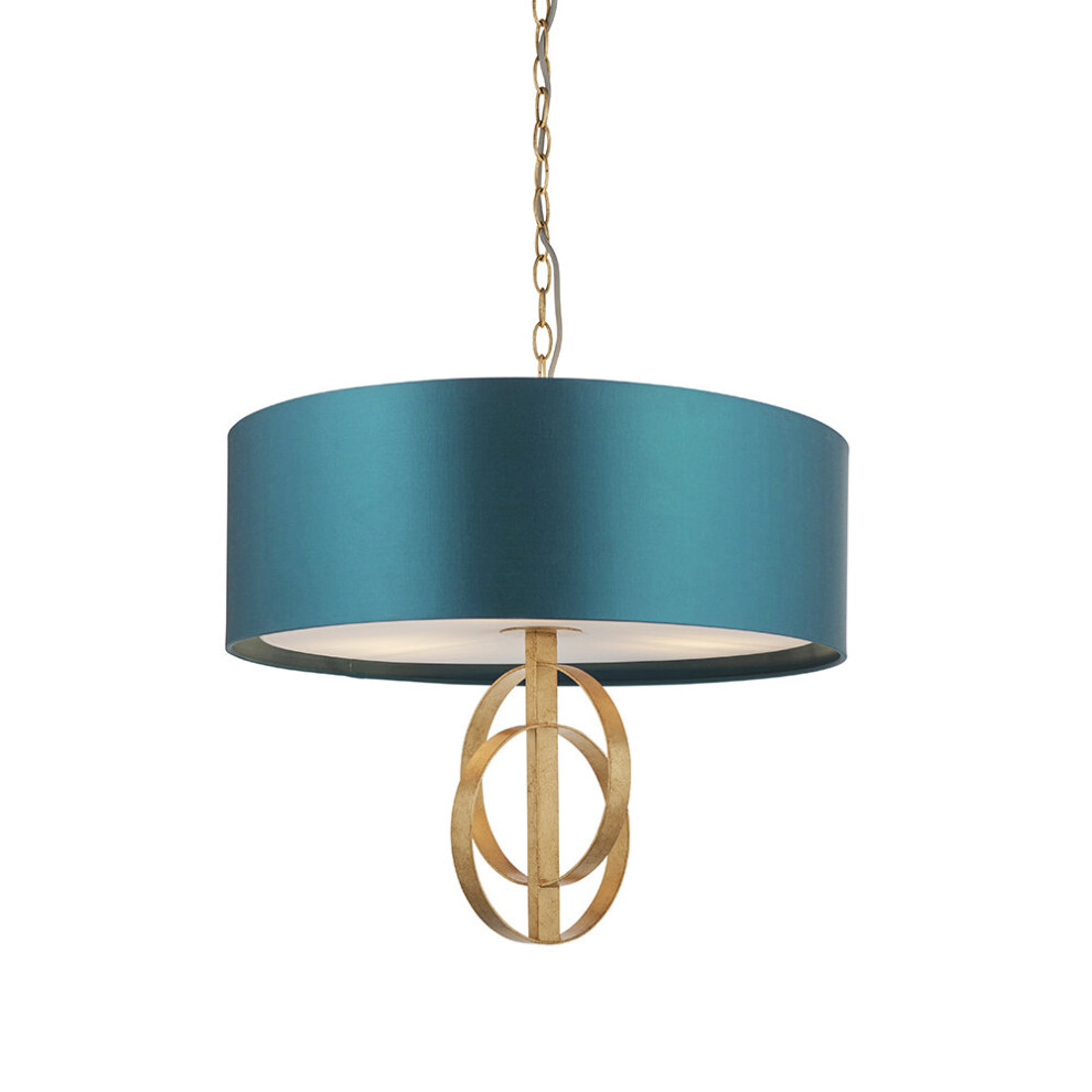 Antique Gold Ceiling Pendant Light & Teal Satin Shade - 3 Bulb Hanging Fitting