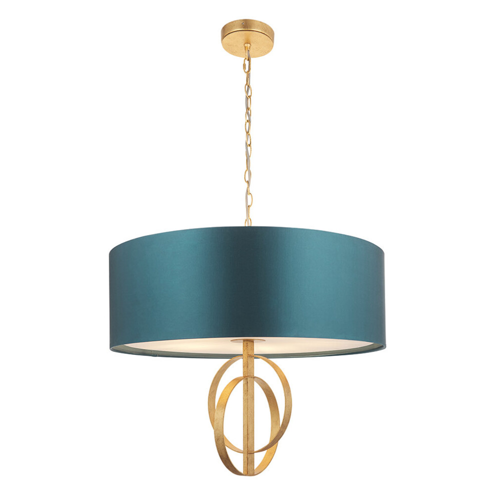 Antique Gold Ceiling Pendant Light & Teal Satin Shade - 5 Bulb Hanging Fitting