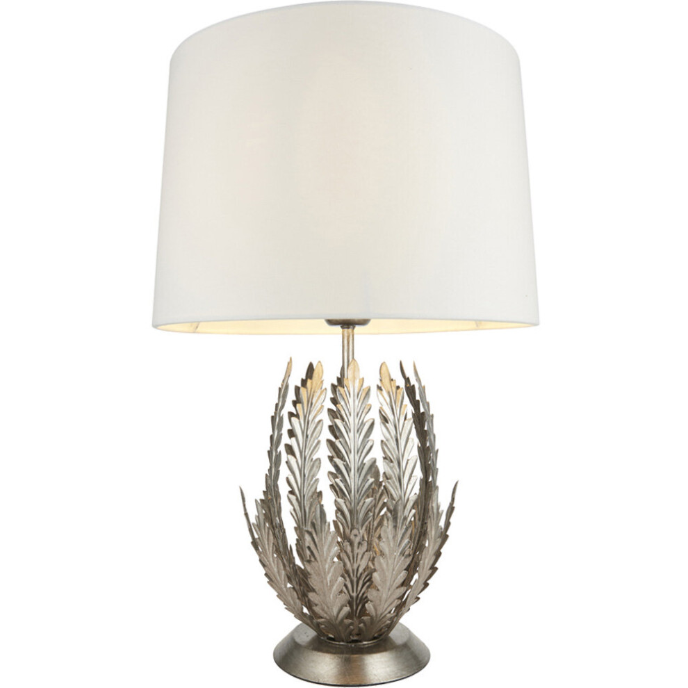 Ornate Silver Table Lamp Light Ivory Cotton Fabric Shade Decorative Leaf Design