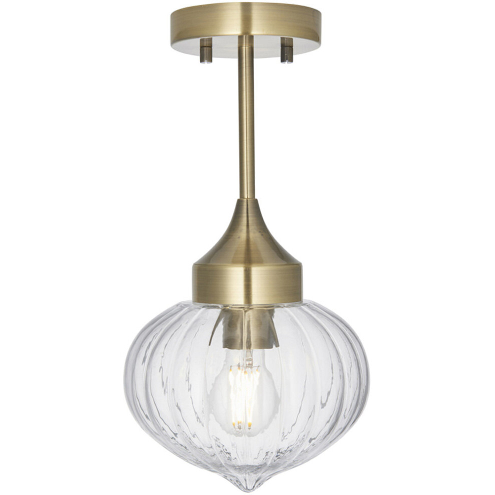 Loops Semi Flush Ceiling Fitting - Antique Brass Plate & Ribbed Glass Shade Light