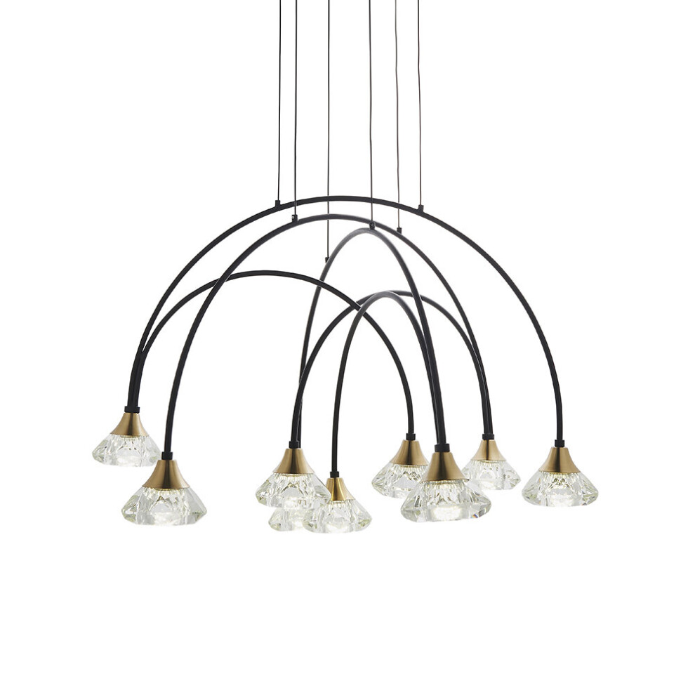 Matt Black Ceiling Pendant Bar Light - Brushed Brass Detailing - 9 Lamp Fitting