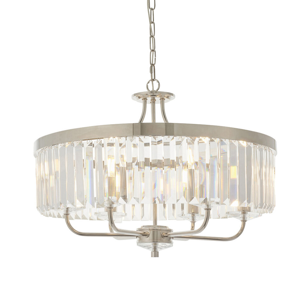 Loops Bright Nickel Ceiling Chandelier Light - Clear Cut Glass 6 Bulb Pendant Fitting
