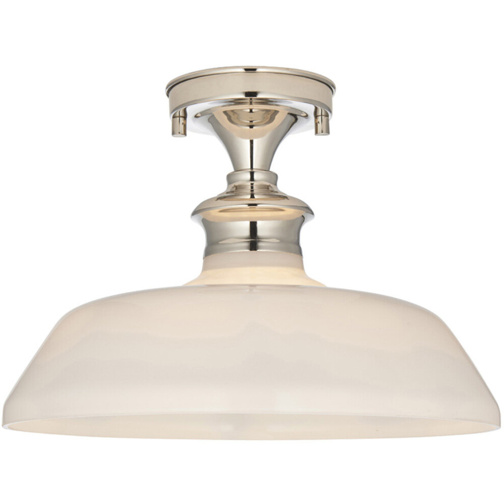 Semi Flush Ceiling Light Fitting - Bright Nickel Plate & Gloss Opal Glass Shade