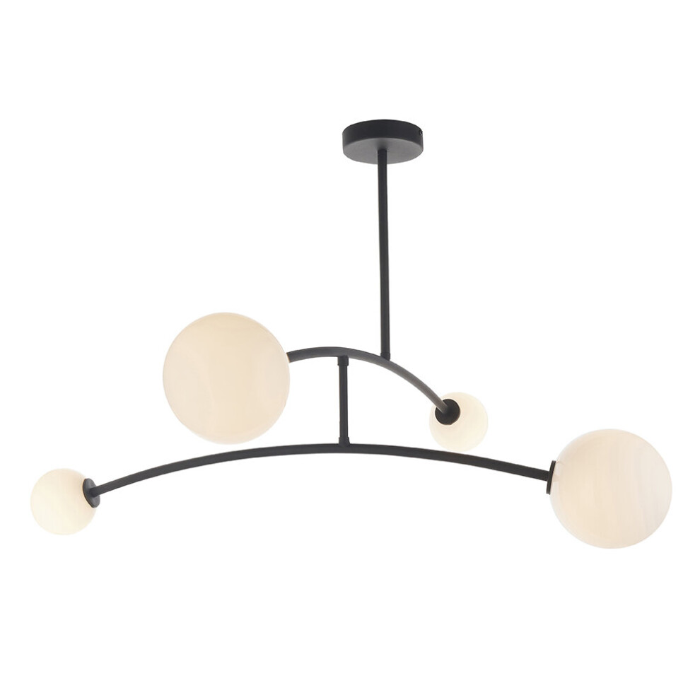 Loops Matt Black Swing Arm Ceiling Light & Opal Glass Shades - 4 Bulb Fitting