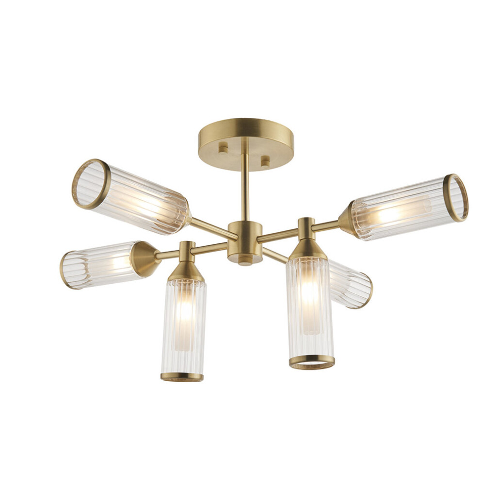 Loops Brass Semi Flush 6 Bulb Ceiling - Ribbed Glass Shades & Frosted Diffusers Light