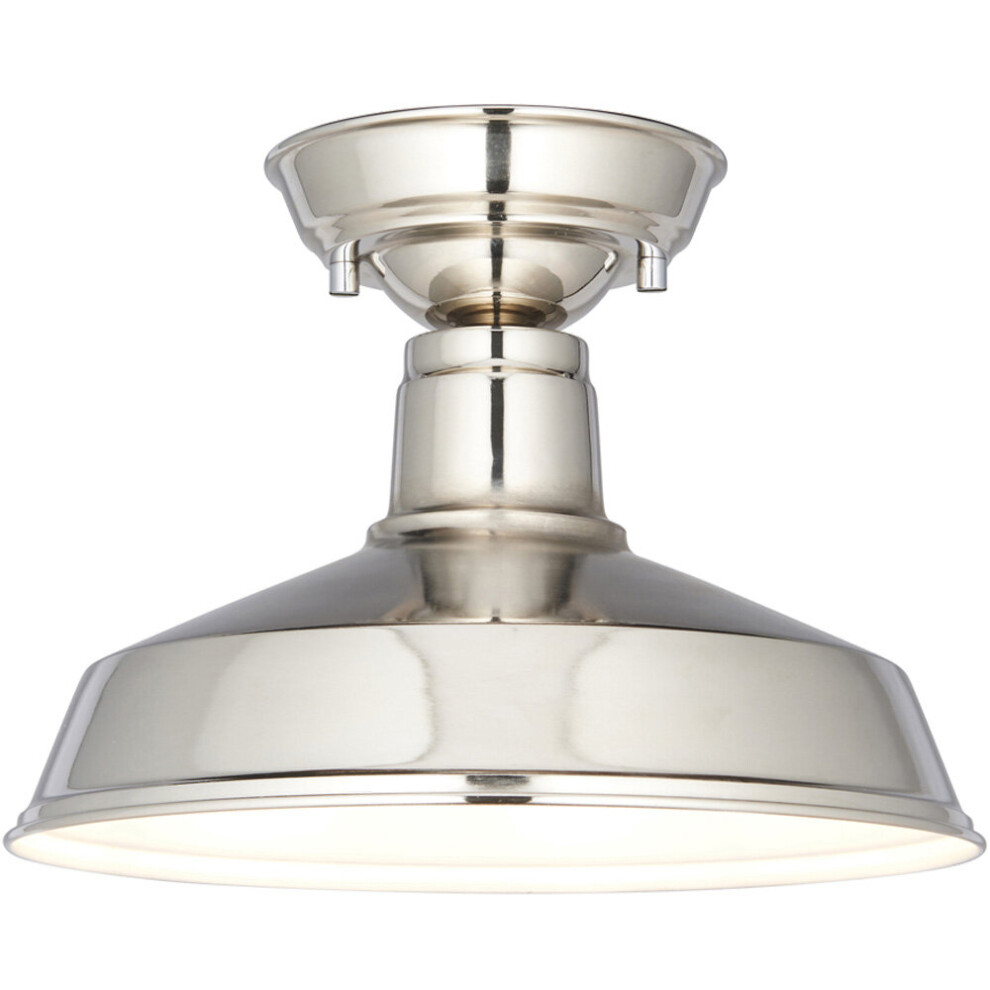 Semi Flush Ceiling Light Fitting - Bright Nickel Plate - Gloss White Inner Shade