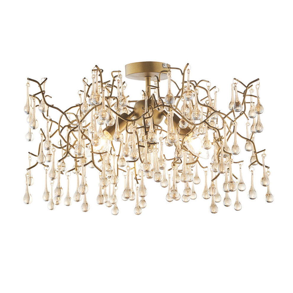 Aged Gold Semi Flush Ceiling Light with Glass Droplets 3 Bulb Low Hanging Light