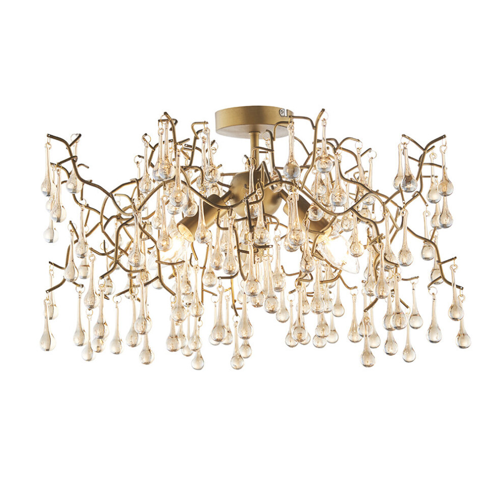 Loops Aged Gold Semi Flush Ceiling Light With Glass Droplets 3 Bulb Low Hanging Light