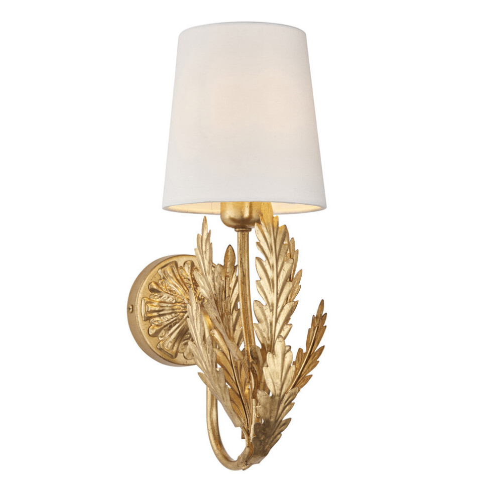 Ornate Gold Wall Light Fitting & Ivory Cotton Shade Decorative Leaf Design