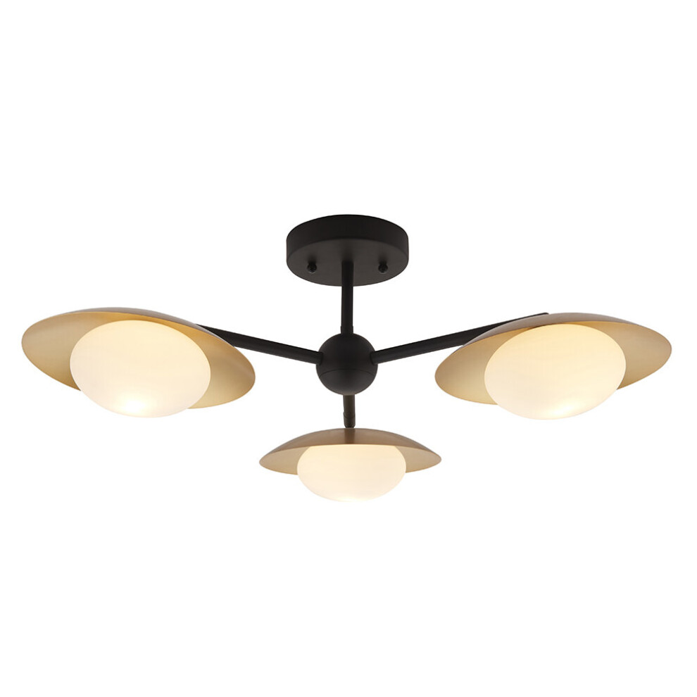 Loops & Semi Flush 3 Bulb Ceiling - Pebble Shaped Opal Glass Shades Gold/Bronze/Light